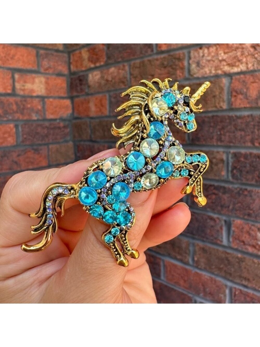 Betsey Johnson Gold Blue Unicorn Crystal Brooch